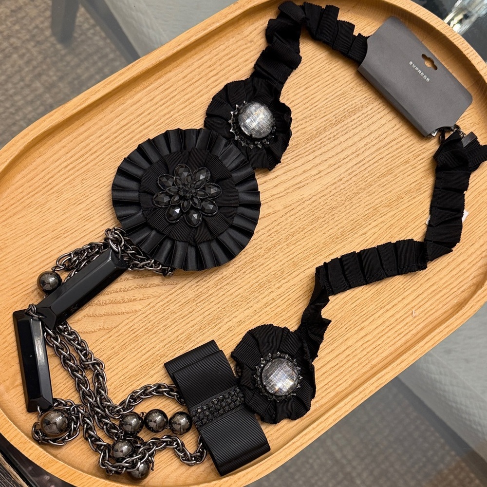 Express Black Floral Rosette Statement Necklace with Mixed Chains